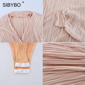 Sibybo Deep V-Neck Pleated Sexy Bodysuit Women Fashion Long Sleeve Loose Women Rompers Spring Casual Bodysuit Jumpsuit 2021 Tops
